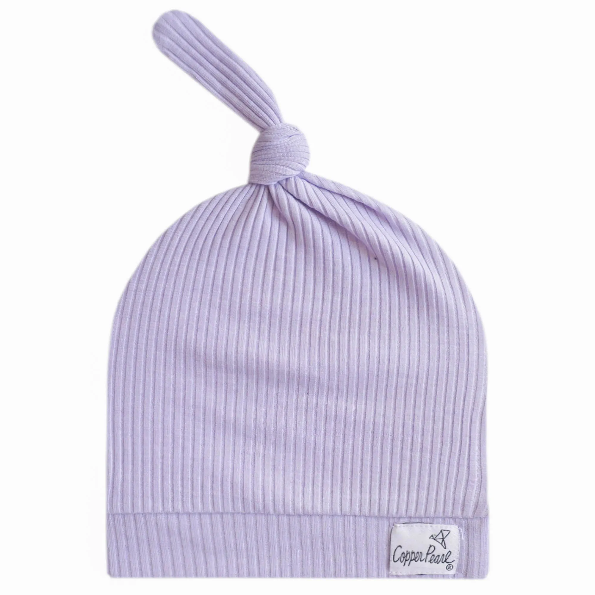 Copper Pearl Top Knot Hat Periwinkle Rib Knit