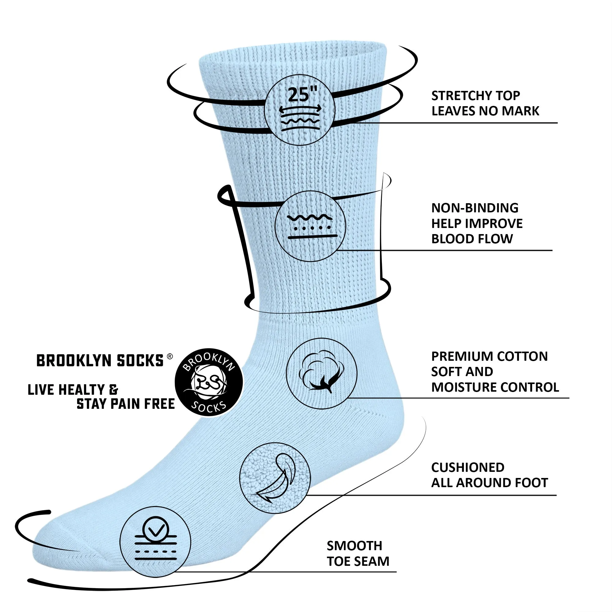 Premium Women’s Soft Breathable Cotton Crew Socks, Non-Binding & Comfort Diabetic Socks, Fits Shoe Size 6-11, 6 Pairs