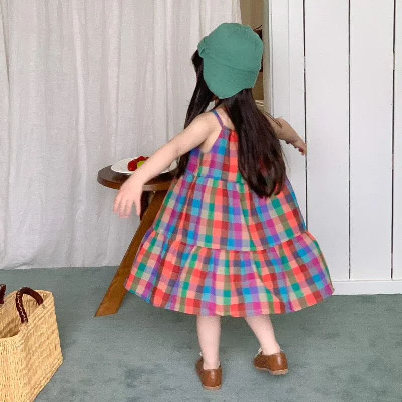 Rainbow Plaid Casual Slip Dress